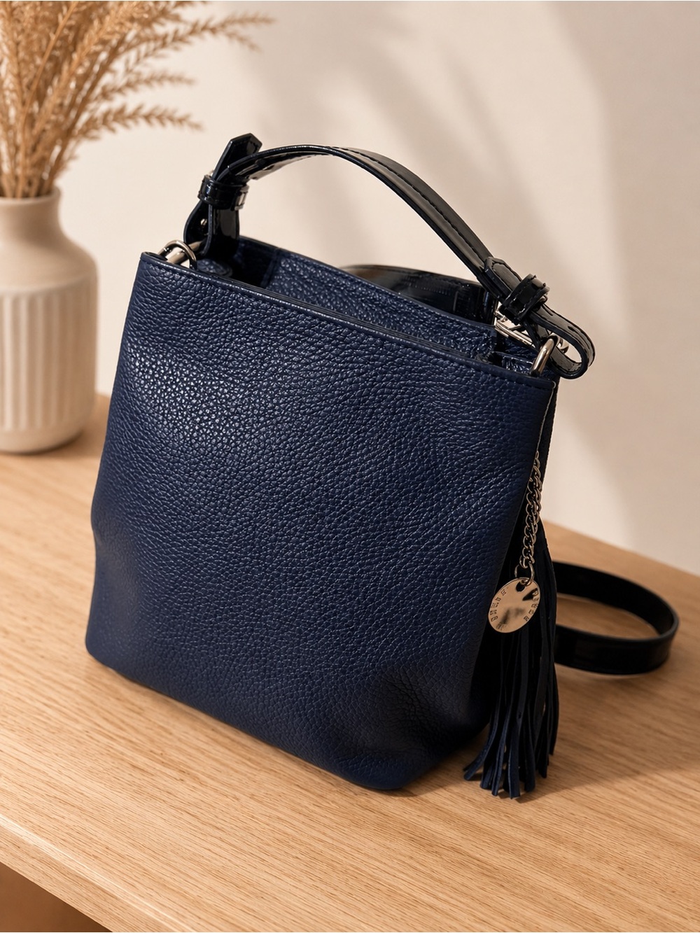 Prune Navy Pebbled Leather Crossbody with Tassel Charm